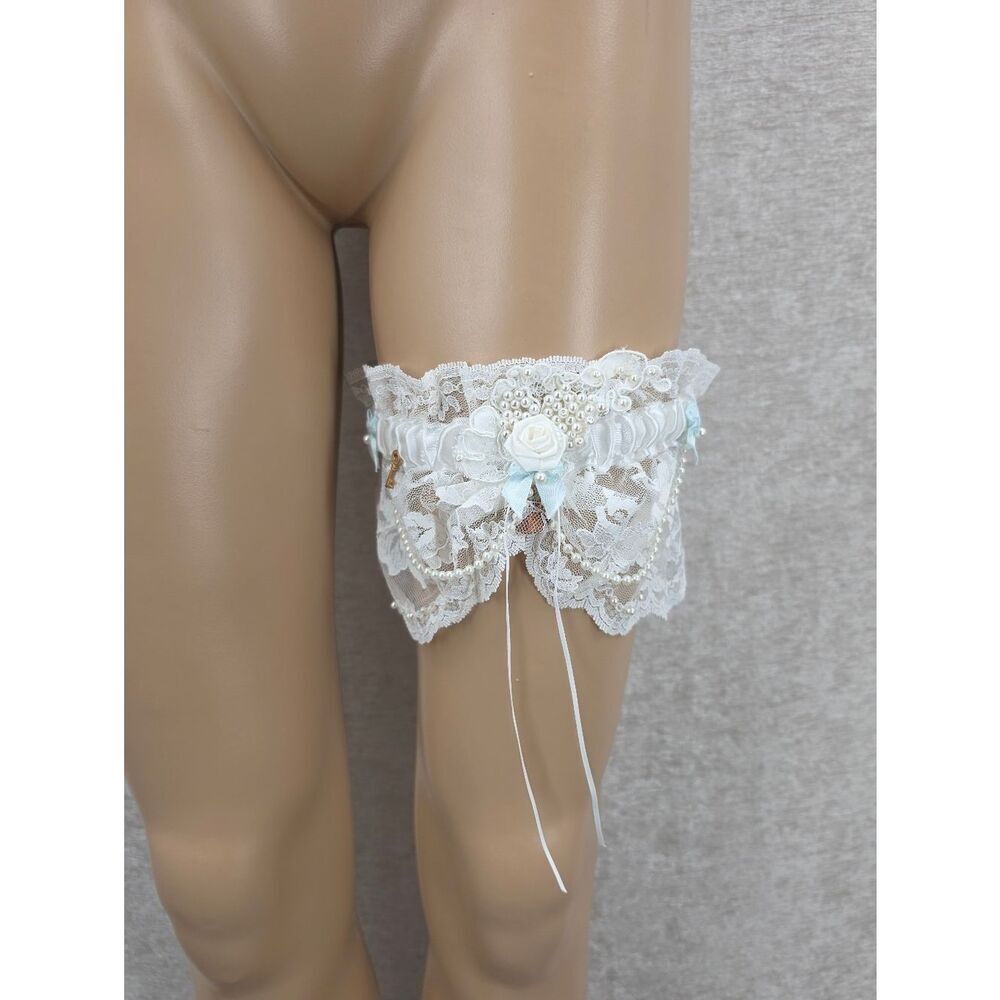 Vintage White Ivory Lace Bridal Garter with Light Blue Ribbon Charms Beading